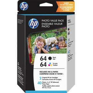 HP 64 Ink Cartridge-Paper Kit - Black, Tri-color